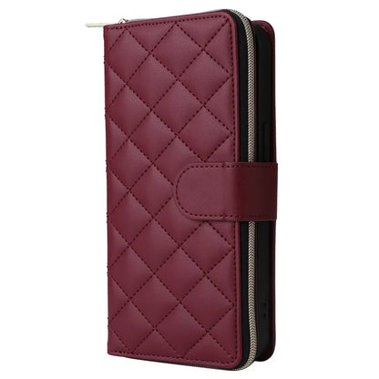 For iPhone 15 Case Leather Zipper Wallet  Phone Cover Rhombus Grid Pattern