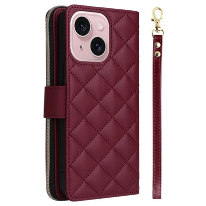 For iPhone 15 Case Leather Zipper Wallet  Phone Cover Rhombus Grid Pattern