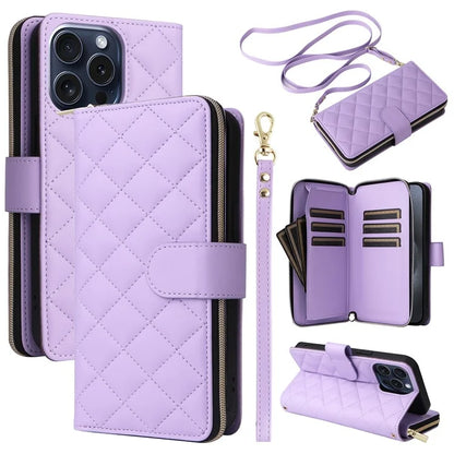 For iPhone 15 Pro Case Rhombus Pattern PU Leather Crossbody Zipper Phone Cover