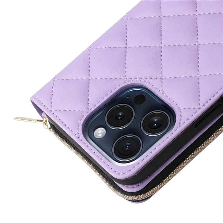 For iPhone 15 Pro Case Rhombus Pattern PU Leather Crossbody Zipper Phone Cover