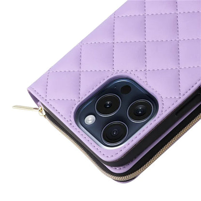 For iPhone 15 Pro Case Rhombus Pattern PU Leather Crossbody Zipper Phone Cover
