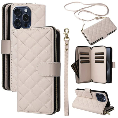 For iPhone 15 Pro Case Rhombus Pattern PU Leather Crossbody Zipper Phone Cover