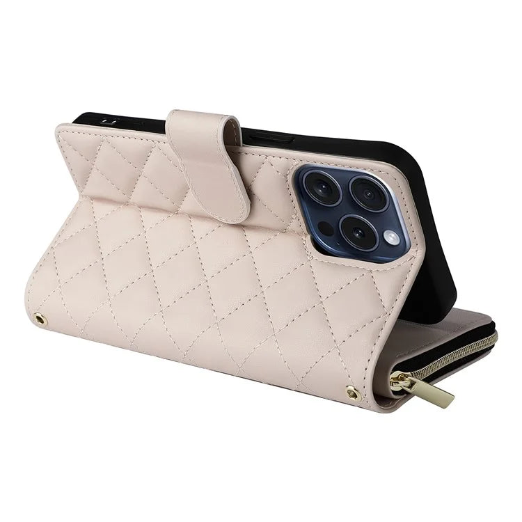 For iPhone 15 Pro Case Rhombus Pattern PU Leather Crossbody Zipper Phone Cover