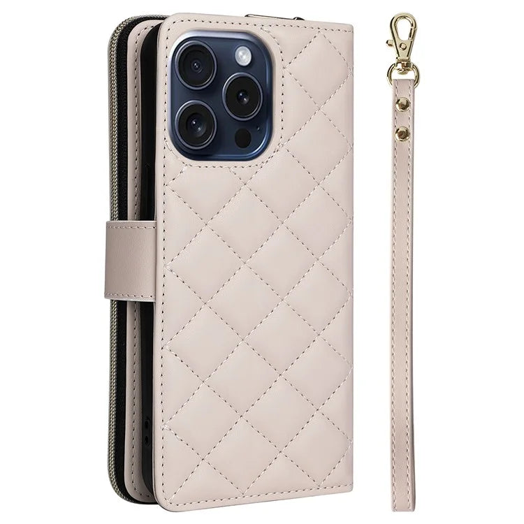 For iPhone 15 Pro Case Rhombus Pattern PU Leather Crossbody Zipper Phone Cover