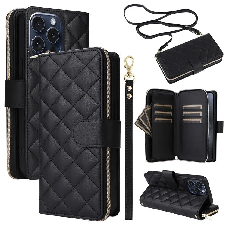 For iPhone 15 Pro Case Rhombus Pattern PU Leather Crossbody Zipper Phone Cover