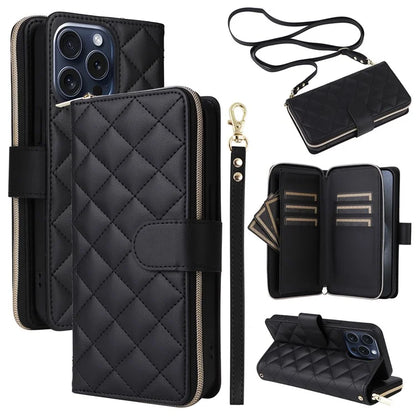 For iPhone 15 Pro Case Rhombus Pattern PU Leather Crossbody Zipper Phone Cover