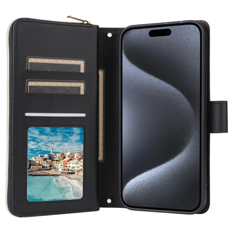 For iPhone 15 Pro Case Rhombus Pattern PU Leather Crossbody Zipper Phone Cover