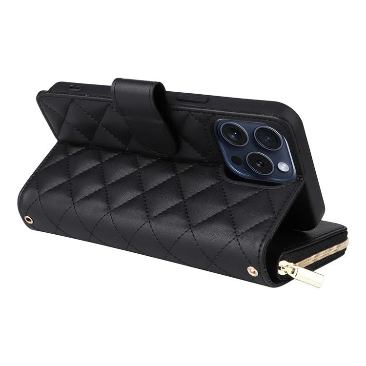 For iPhone 15 Pro Case Rhombus Pattern PU Leather Crossbody Zipper Phone Cover