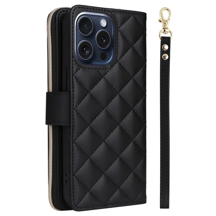 For iPhone 15 Pro Case Rhombus Pattern PU Leather Crossbody Zipper Phone Cover