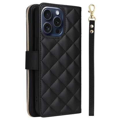 For iPhone 15 Pro Case Rhombus Pattern PU Leather Crossbody Zipper Phone Cover