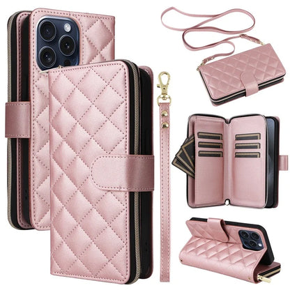 For iPhone 15 Pro Case Rhombus Pattern PU Leather Crossbody Zipper Phone Cover