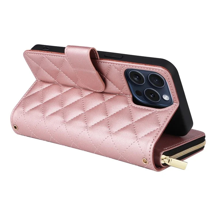 For iPhone 15 Pro Case Rhombus Pattern PU Leather Crossbody Zipper Phone Cover