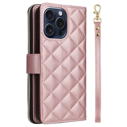 For iPhone 15 Pro Case Rhombus Pattern PU Leather Crossbody Zipper Phone Cover