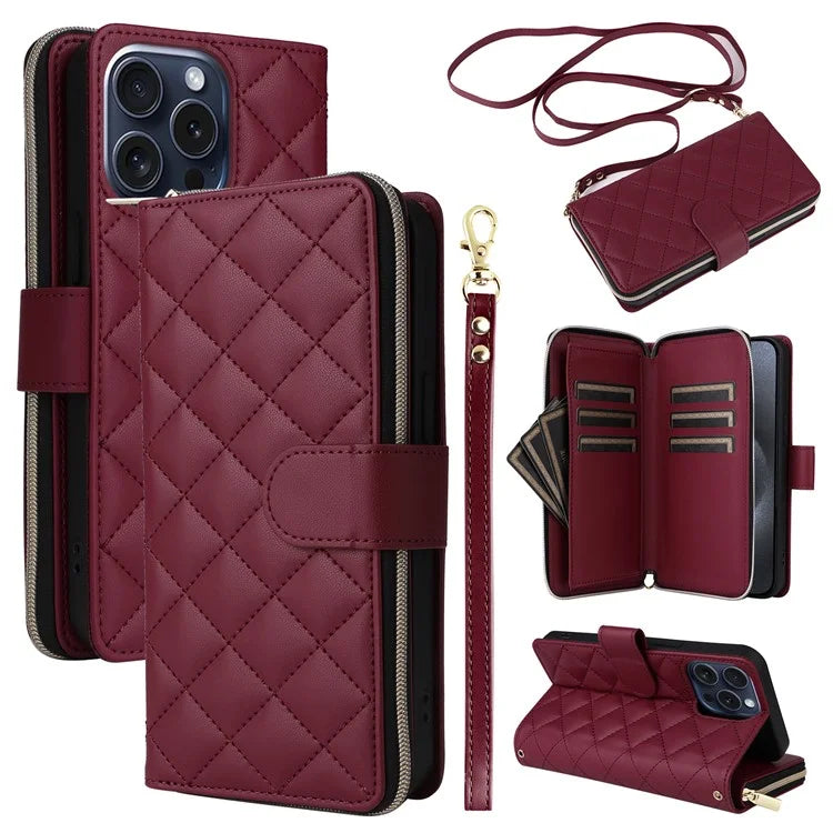 For iPhone 15 Pro Case Rhombus Pattern PU Leather Crossbody Zipper Phone Cover