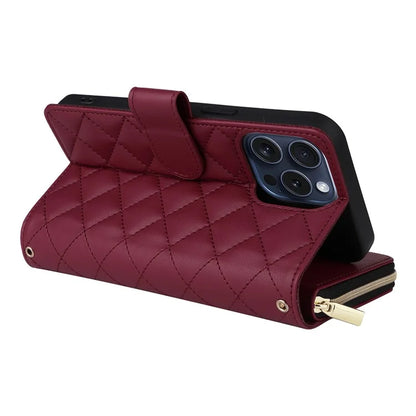 For iPhone 15 Pro Case Rhombus Pattern PU Leather Crossbody Zipper Phone Cover
