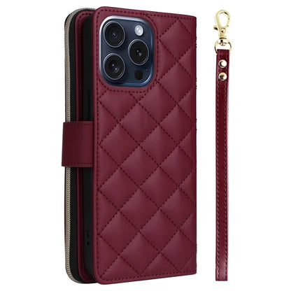 For iPhone 15 Pro Case Rhombus Pattern PU Leather Crossbody Zipper Phone Cover
