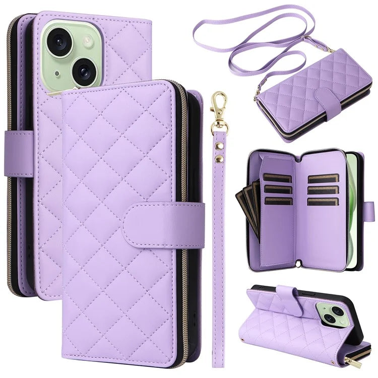 For iPhone 15 Plus / 14 Plus Case Wallet PU Leather Rhombus Stand Anti-Fall Phone Cover