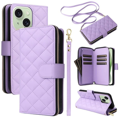 For iPhone 15 Plus / 14 Plus Case Wallet PU Leather Rhombus Stand Anti-Fall Phone Cover