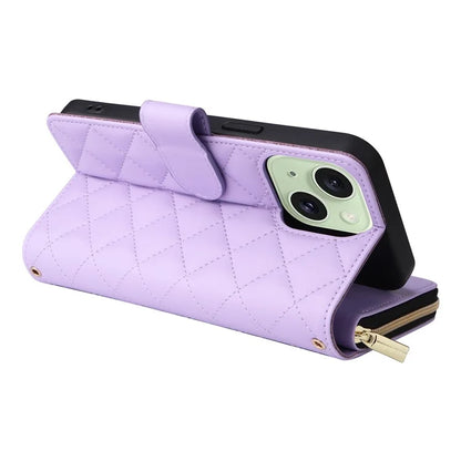 For iPhone 15 Plus / 14 Plus Case Wallet PU Leather Rhombus Stand Anti-Fall Phone Cover