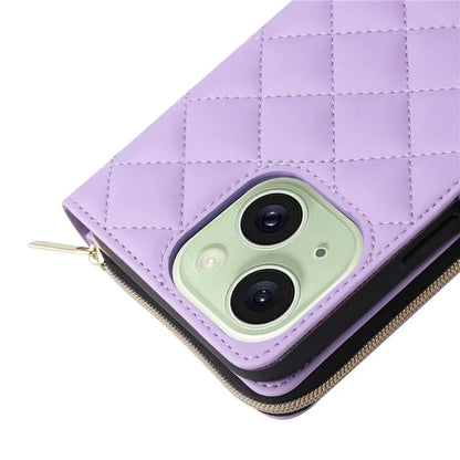 For iPhone 15 Plus / 14 Plus Case Wallet PU Leather Rhombus Stand Anti-Fall Phone Cover