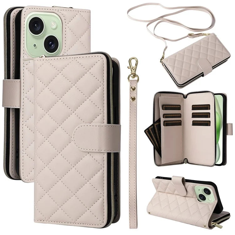 For iPhone 15 Plus / 14 Plus Case Wallet PU Leather Rhombus Stand Anti-Fall Phone Cover