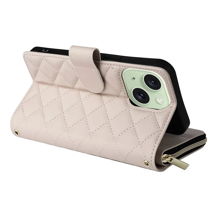 For iPhone 15 Plus / 14 Plus Case Wallet PU Leather Rhombus Stand Anti-Fall Phone Cover