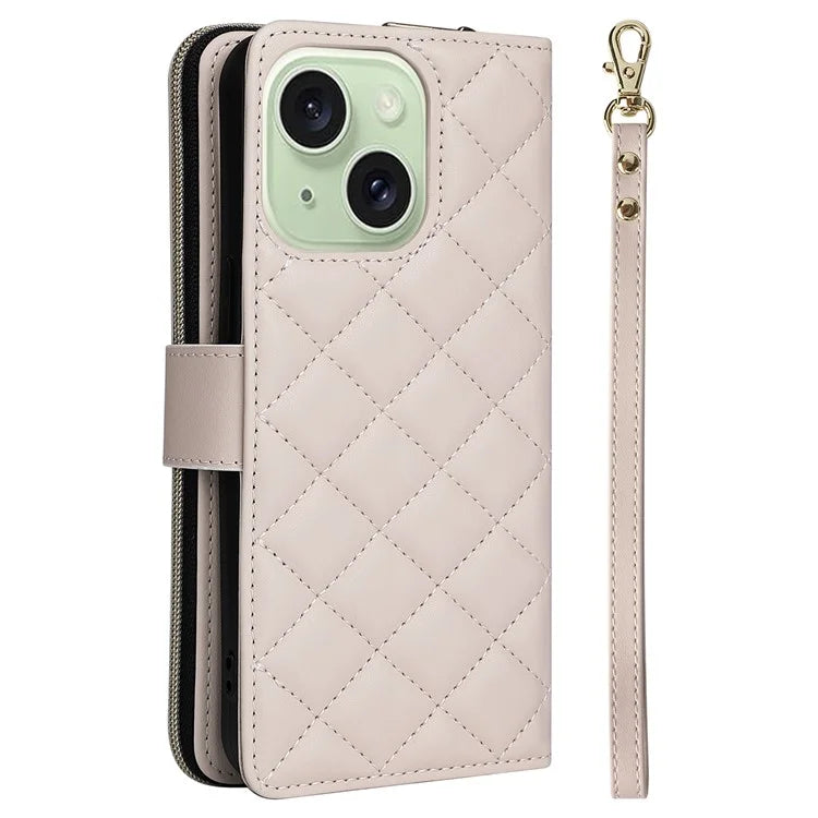For iPhone 15 Plus / 14 Plus Case Wallet PU Leather Rhombus Stand Anti-Fall Phone Cover