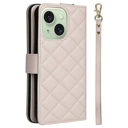 For iPhone 15 Plus / 14 Plus Case Wallet PU Leather Rhombus Stand Anti-Fall Phone Cover