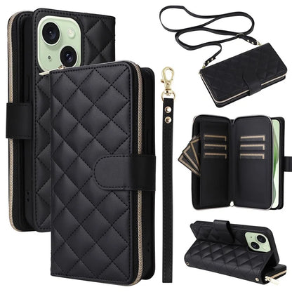 For iPhone 15 Plus / 14 Plus Case Wallet PU Leather Rhombus Stand Anti-Fall Phone Cover