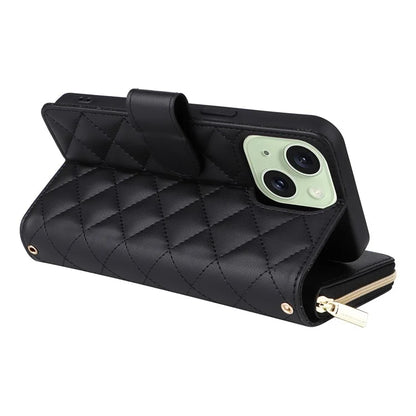 For iPhone 15 Plus / 14 Plus Case Wallet PU Leather Rhombus Stand Anti-Fall Phone Cover