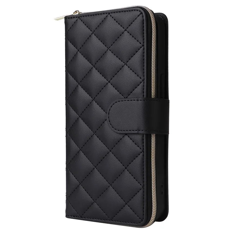 For iPhone 15 Plus / 14 Plus Case Wallet PU Leather Rhombus Stand Anti-Fall Phone Cover