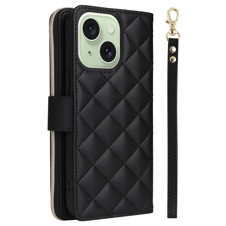 For iPhone 15 Plus / 14 Plus Case Wallet PU Leather Rhombus Stand Anti-Fall Phone Cover