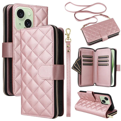 For iPhone 15 Plus / 14 Plus Case Wallet PU Leather Rhombus Stand Anti-Fall Phone Cover