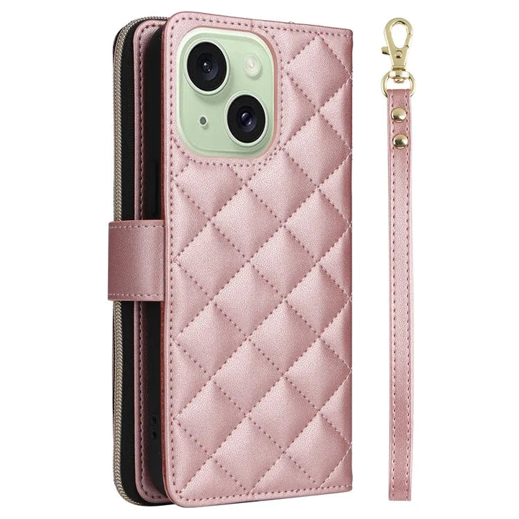 For iPhone 15 Plus / 14 Plus Case Wallet PU Leather Rhombus Stand Anti-Fall Phone Cover