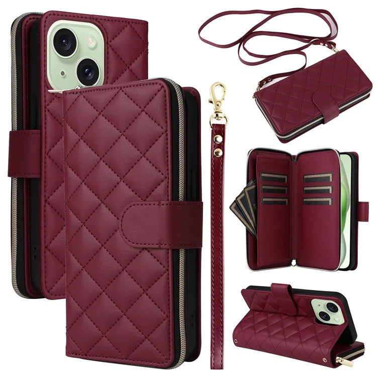 For iPhone 15 Plus / 14 Plus Case Wallet PU Leather Rhombus Stand Anti-Fall Phone Cover