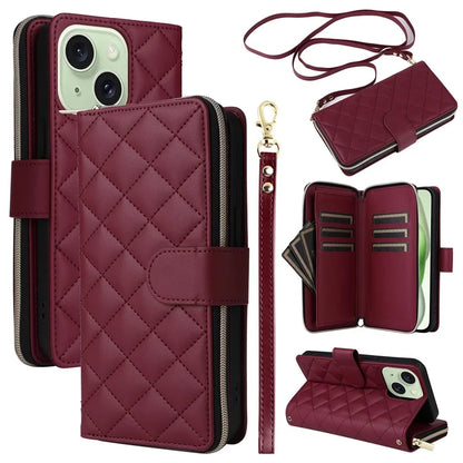 For iPhone 15 Plus / 14 Plus Case Wallet PU Leather Rhombus Stand Anti-Fall Phone Cover