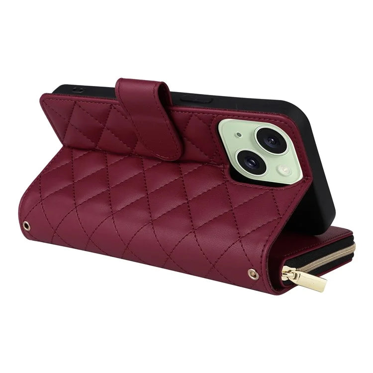For iPhone 15 Plus / 14 Plus Case Wallet PU Leather Rhombus Stand Anti-Fall Phone Cover