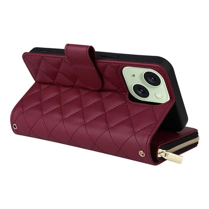 For iPhone 15 Plus / 14 Plus Case Wallet PU Leather Rhombus Stand Anti-Fall Phone Cover