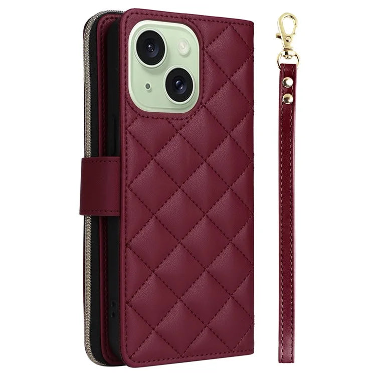 For iPhone 15 Plus / 14 Plus Case Wallet PU Leather Rhombus Stand Anti-Fall Phone Cover