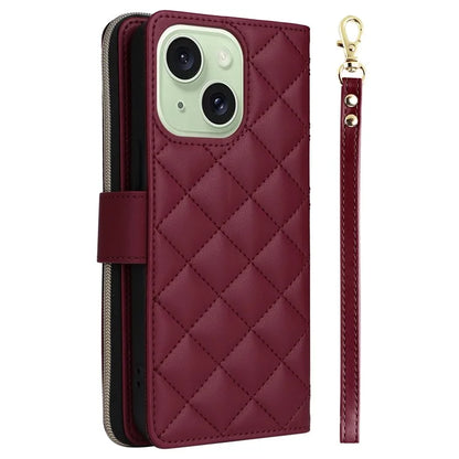 For iPhone 15 Plus / 14 Plus Case Wallet PU Leather Rhombus Stand Anti-Fall Phone Cover