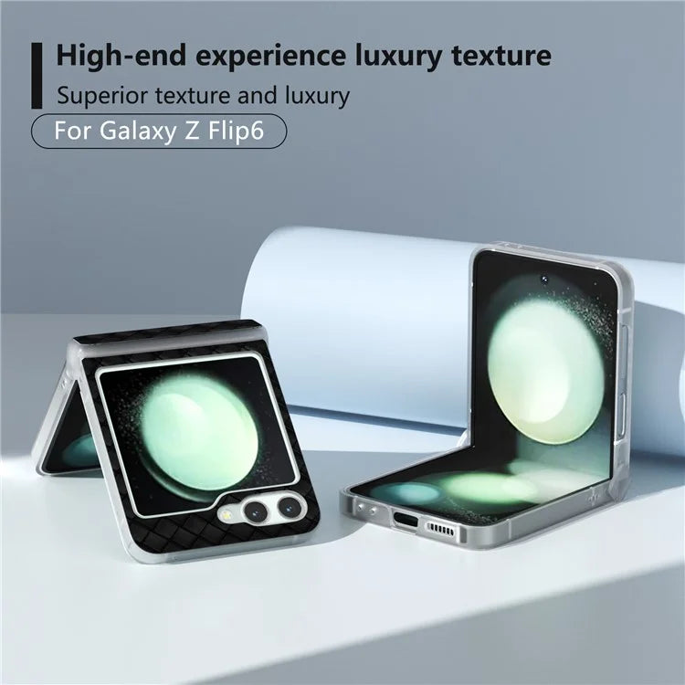 For Samsung Galaxy Z Flip6 5G Case Woven Texture Hinge Protection Leather+PC Folding Phone Cover