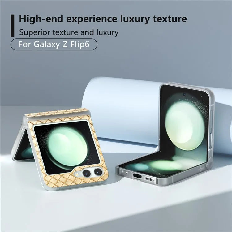 For Samsung Galaxy Z Flip6 5G Case Woven Texture Hinge Protection Leather+PC Folding Phone Cover