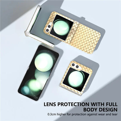 For Samsung Galaxy Z Flip6 5G Case Woven Texture Hinge Protection Leather+PC Folding Phone Cover