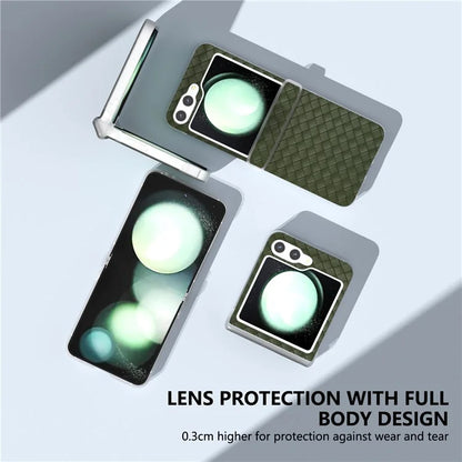 For Samsung Galaxy Z Flip6 5G Case Woven Texture Hinge Protection Leather+PC Folding Phone Cover