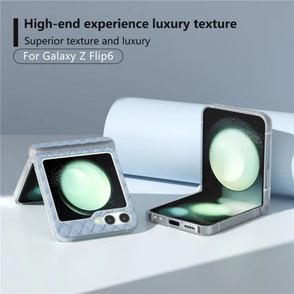 For Samsung Galaxy Z Flip6 5G Case Woven Texture Hinge Protection Leather+PC Folding Phone Cover