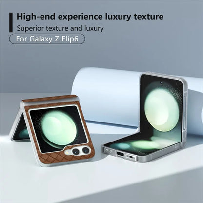 For Samsung Galaxy Z Flip6 5G Case Woven Texture Hinge Protection Leather+PC Folding Phone Cover