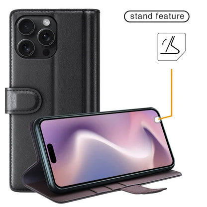 For iPhone 16 Pro Case Wallet Folding Stand Genuine Split Leather Phone Cover