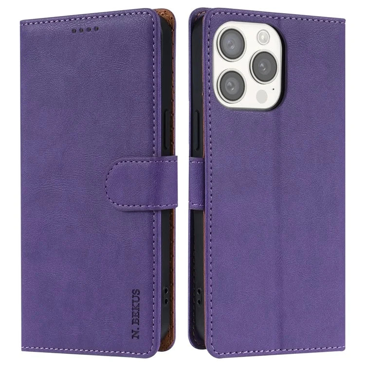 N.BEKUS CSJ-001 For iPhone 14 Pro Shockproof Case Solid Color Leather Wallet Phone Shell