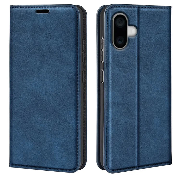 For iPhone 16 Plus Case Skin-Feel PU Leather Phone Cover Folding Stand Magnetic Absorption