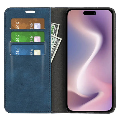 For iPhone 16 Plus Case Skin-Feel PU Leather Phone Cover Folding Stand Magnetic Absorption